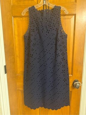 Navy Laser-Cut Sleeveless Shift Dress with liner